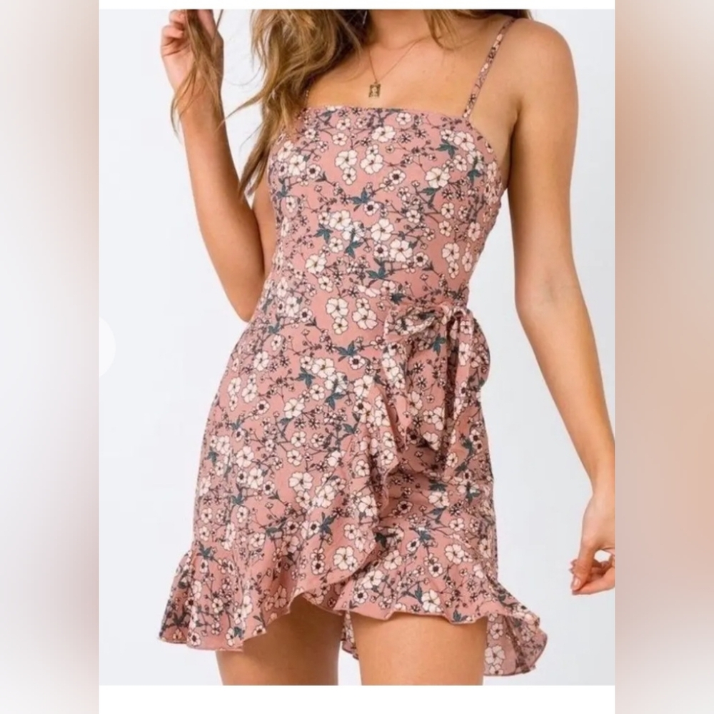 Princess Polly Edison Mini‎ Dress Wrap Tie Floral Ruffle Dusty Pink 2 Sundress